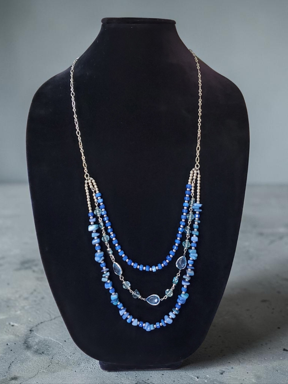 Erica Lyons Blue Stone Glass Beaded Multi-Strand Necklace Silver Chain NWT